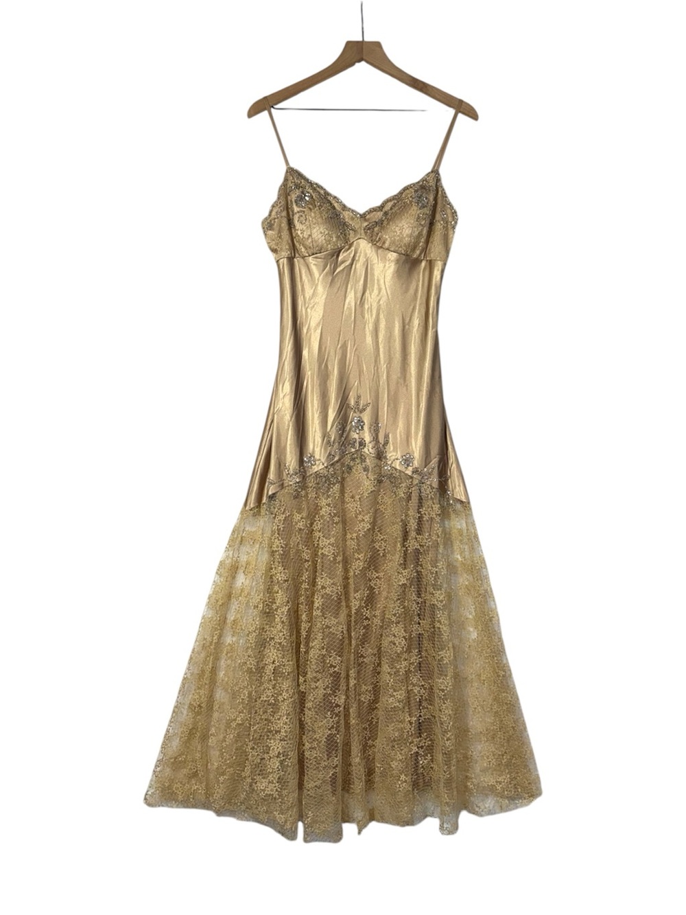 Vtg 90s Y2K Xscape Beaded Gold Satin Mermaid Lace Floor Length Gown DropWaist